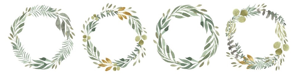 Set of four Elegant botanical watercolor wreaths with green foliage isolated on white.