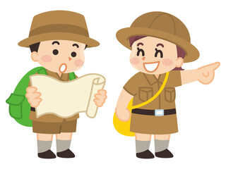 捜索する探検隊の子供　ボーイスカウト　冒険　アウトドア