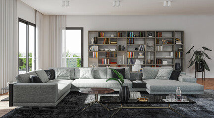 Illustration 3D rendering large luxury modern bright interiors Living room mockup computer digitally generated image