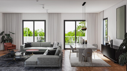 Illustration 3D rendering large luxury modern bright interiors Living room mockup computer digitally generated image