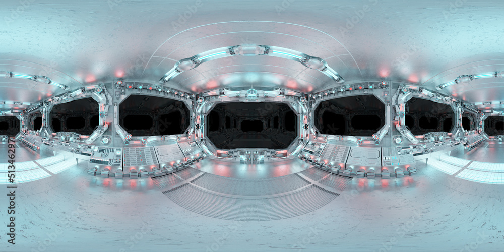 Aufkleber HDRI panoramic view of white blue spaceship interior with windows. High resolution 360 degrees panorama reflection mapping of a futuristic spacecraft 3D rendering