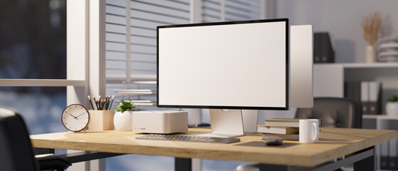 Modern office room interior design with a pc desktop computer mockup on the table.