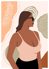 poster with African woman portrait, exotic tropical houseplant in antique vases. Afro American woman illustration for poster, banner, placard, print, canvas in earth tone.