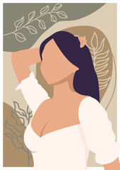 poster with abstract woman face portrait, exotic tropical leaves on pastel background. Afro American woman illustration for poster, banner, placard, print, canvas in earth tone.