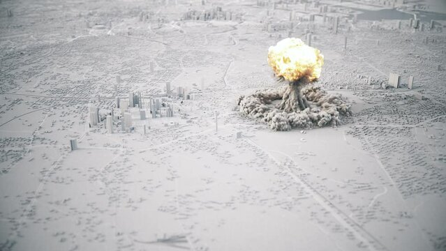 Explosion of a nuclear bomb in the city. Nuclear bomb explosion with a mushroom cloud. Weapon of mass destruction. 3d animation