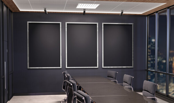 Three vertical frames Mockup hanging in office meeting room. Mock up of billboards in modern company interior 3D rendering