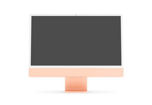 PARIS - France - April 28, 2022: Newly released Apple Imac 24 inch desktop computer, orange color, front view- 3d realistic rendering 4.5K Retina display screen mockup on white