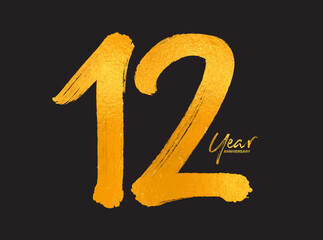 Gold 12 Years Anniversary Celebration Vector Template, 12 Years  logo design, 12th birthday, Gold Lettering Numbers brush drawing hand drawn sketch, number logo design vector illustration