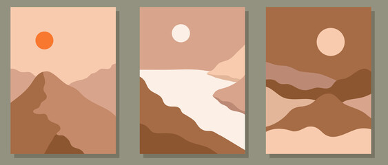 Set of Beautiful Contemporary Aesthetic Minimal Landscape Poster Cover Illustrations