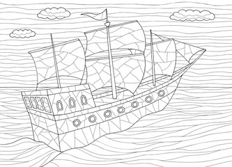 Sailing ship coloring graphic black white sea sketch illustration vector