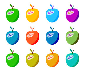 Vector set with multicolored apples on white background. Elements of fruit design with eco label. A natural product of healthy eating. Stock vector illustration.