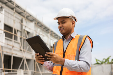 Confident asian engineer man Using tablet for checking and maintenance to inspection at modern home building construction. Architect working with white safety helmet in construction site