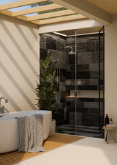 Modern elegance bathroom interior design with luxury bathtub and a modern rain shower space