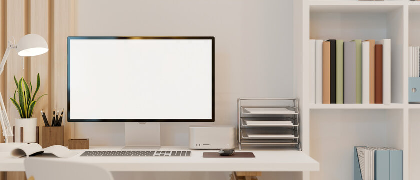 Modern home office workspace interior design with pc computer mockup and stuff over white wall