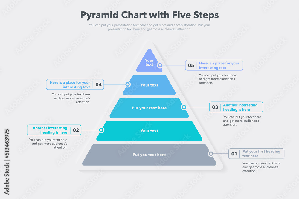 Poster Pyramid graph template with five colorful steps. Easy to use for your website or presentation.
