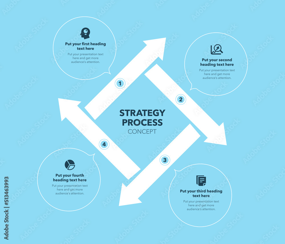Aufkleber strategy process concept with four stages and place for your description - blue version. flat infogr