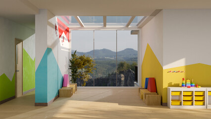 Beautiful modern colourful kindergarten classroom or kid nursery playroom interior with decor.