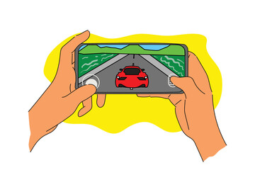 Hand holding a handheld phone playing racing car game. Flat design