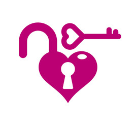 Heart shaped padlock vector logo or icon, lock and turnkey love theme in a shape of heart open or closed emotions, secret feelings concept, Valentine theme.