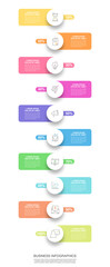 Vector timeline infographic design with circles and labels. Business colorful template with 10 steps.