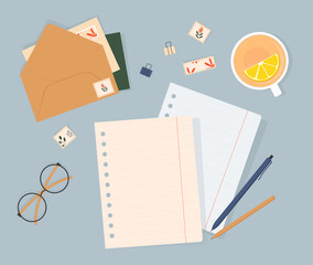 Notebook. Planning. Notepad with notes on the table, top view. Workplace organization concept. Vector current illustration. Workplace for training and work. Notebooks, notepads, memo pads, planners.