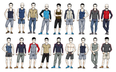 Handsome men in sport wear standing and posing vector illustrations big set isolated on white, attractive gorgeous males in full length people characters collection slim perfect athletic body.