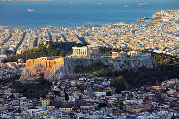 City and acropolis from Lycabettus hill in Athens at sunrise, Greece