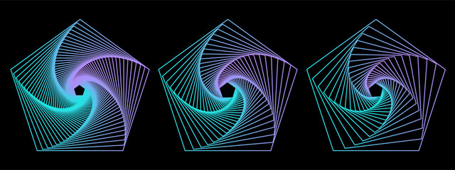Set of 3D twisted gradient spirals. Geometry tunnel with lines. Abstract technology pentagons. Vector illustration.