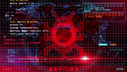 Cyberattack message on computer screens. Cyber attack, security breach and russian hacker abstract concept 3d loop animation with glitch effect. Seamless and loopable.