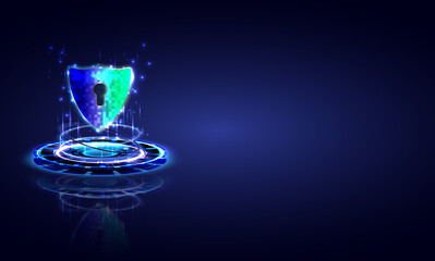 Hologram padlock with keyhole-shield icon in personal data security. Cyber safety data or information privacy. Abstract holographic background. Web presentation, copy space and landing page