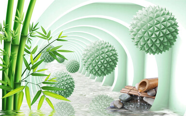 Fototapety  3d illustration of a tunnel with balls and bamboo. 3d rendering. 3d wallpaper.