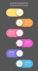 Vector timeline infographic design with circles and labels. Business colorful template with six steps.