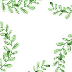 Fototapeta premium Watercolor floral frame card. Hand painted border with branches and leaves isolated on white background. Botanical frame design