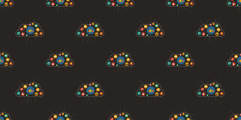 Fototapeta na wymiar Rows of Colorful Retro Style Round Cloud Shapes Made of Technology Icons - Pattern, Design on Dark Background, Seamless Texture for IT, IoT, Web and Technology - Template in Editable Vector Format