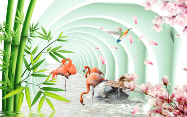 Fototapety  Flamingos in the tunnel. 3d illustration. 3d photo wallpapers. 3d image.