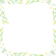 Fototapeta na wymiar Watercolor floral frame card. Hand painted border with branches and leaves isolated on white background. Botanical frame design