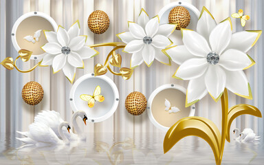 Illustration with flowers on a 3d background. Swans on the river. 3d image. 3d wallpaper on the wall.