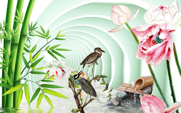 3d tunnel. Illustration with birds, fish and a stream. 3d wallpaper on the wall. 3d image.