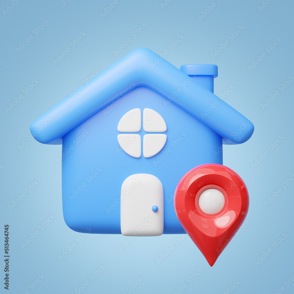 Wall mural 3d blue house, red location pin icon. cute home with gps navigator checking points float. business i