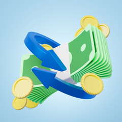 3d Arrow circle icon, bundles cash money, coins floating on blue background. Mobile banking, Online payment service. Cashback and refund. Transfer banknote. Currency exchange. Saving dollar. 3d render