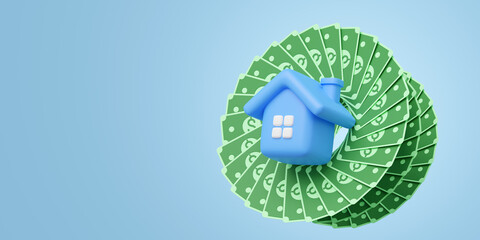 3d blue house out of banknote. Home model icon with windows, cash dollar floating on blue background. Financial investment growth concept. Mockup cartoon icon minimal style. 3d render illustration