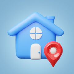 3d blue house, red location pin icon. Cute home with GPS navigator checking points float. Business investment, real estate, mortgage, loan concept. Cartoon icon minimal style. 3d render illustration.