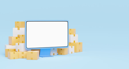 3D Computer monitor on blue background. Pile of stacked cardboard boxes. Desktop mockup with blank white screen. Social market online, E commerce, Website store, Shop app. Cartoon concept. 3d render.