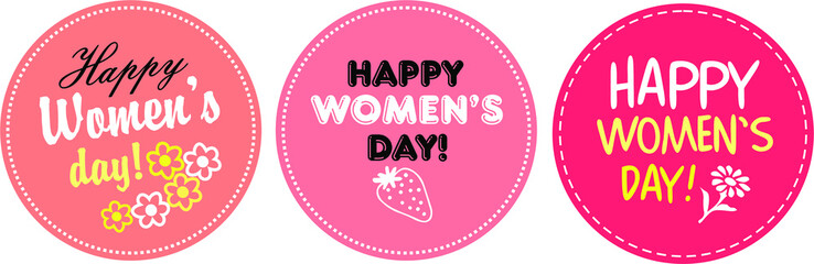 round stickers for March 8th. happy women's day.congratulations for girls. International Women's Day. a set of 3 elements. vector pastel colors. pink, dusty pink,dark pink tags