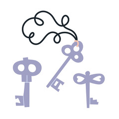 Cartoon door keys. Ancient brass old classic magic vintage key to lock. Trendy modern vector illustration isolated on white background, hand drawn
