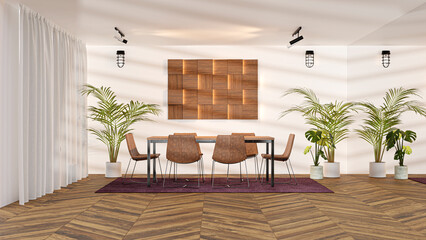 3d rendered modern office with decorated wall.
