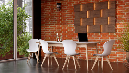 3d rendered modern office with decorated wall.