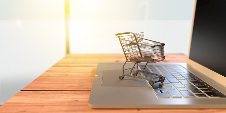 Cart shopping online computer notebook laptop ecommerce business economy buy sell cyber retail store market payment purchase product technology digital website order delivery network.3d render