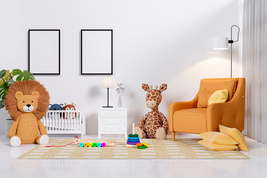 3d rendered baby room with cot bed and toys.
