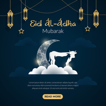 Happy Eid Al Adha Mubarak celebration banner with moon and cow goat paper cut effect on blue night color background. Eid Al Adha Mubarak Muslim celebration day